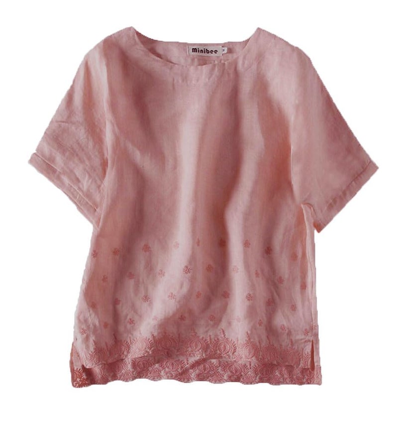 Minibee Women's Summer Linen Tunic Shirt High Low Hem Embroidery Blouse Top Pink XL - Image 1